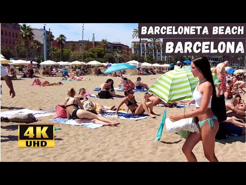 🇪🇸 Hot Day in Barcelona Beach - Spain ☀️🏖️ Amazing Barceloneta Beach Walk - 4K