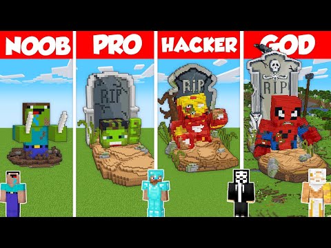 SUPERHERO GRAVE STATUE BUILD CHALLENGE - Minecraft Battle: NOOB vs PRO vs HACKER vs GOD / Animation