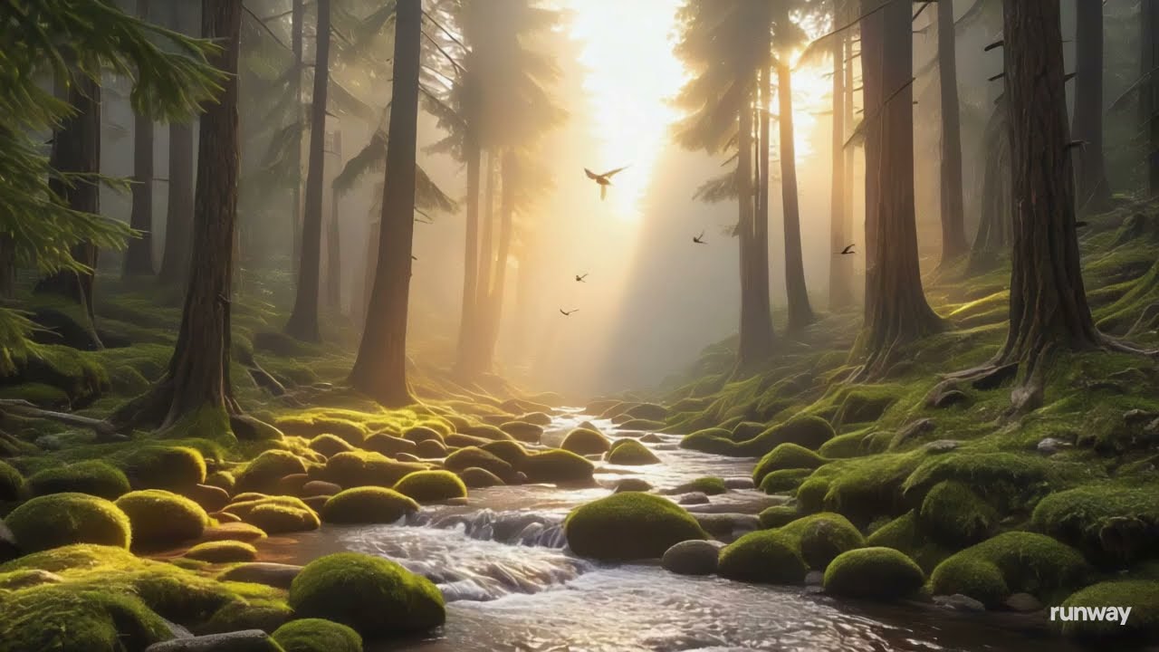 A serene forest in the early morning, soft golden sunlight filtering through tall pine trees, light