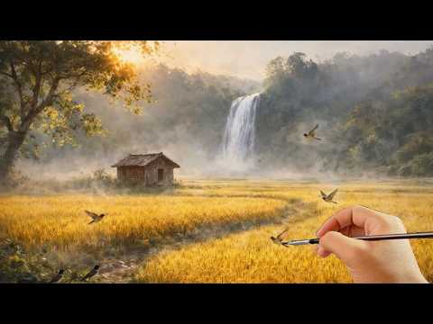 🎨 Painting a Peaceful Golden Rice Field with Waterfall | Relaxing Acrylic Landscape Tutorial | #059