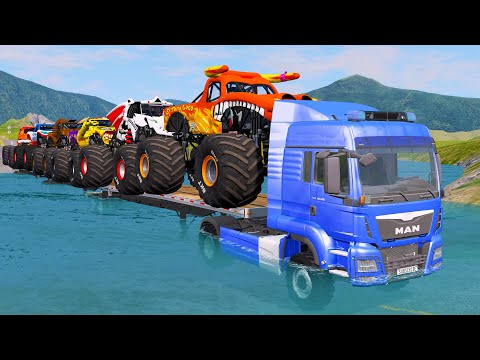 Double Flatbed Trailer Monster Trucks Transport with Slide Color - Cars vs Speed bump - BeamNG.drive