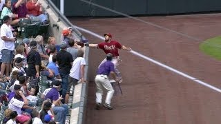 Eaton ends up in stands chasing foul
