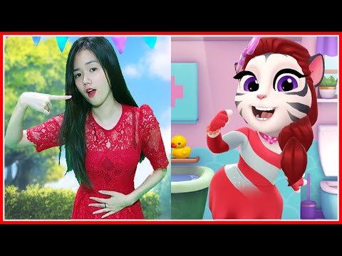 Girl Imitate Angela Hungry And Eat - My Talking Angela 2 In Real Life