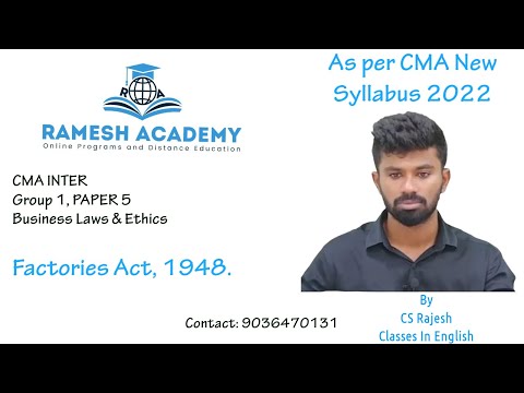 CMA Inter | Paper 5 | Section B | Factories Act, 1948 | Class In English by CS Rajesh