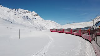 🇨🇭 Swiss Bernina Express 2021 Winter | Snow-covered Lago Bianco | Full Train View [4K]