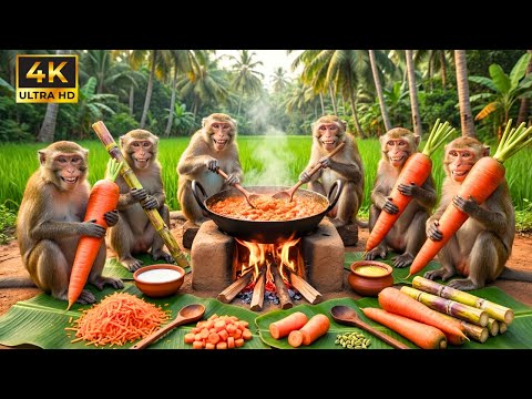 बंदरों ने मिलकर बनाया गाजर का हलवा 😱| Gajar Ka Halwa Cooked by Monkeys| Monkey Cooking