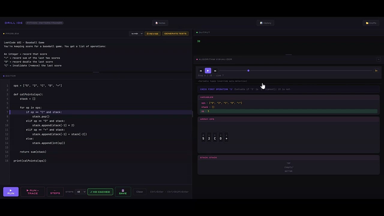 LeetCode 682 — Baseball Game (Visualised)