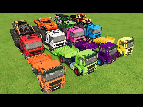 TRANSPORTING RIGITRAC TRACTORS AND MONSTER TRUCKS WITH COLORED TRUCKS - Farming Simulator 22