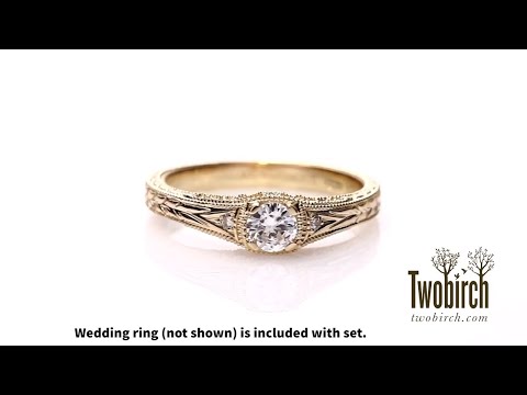 Three Stone Vintage Engraved Engagement Ring Bridal Set (2 Rings)(.56 CT)-TwoBirch-ST-ENG-346-YG-A2E