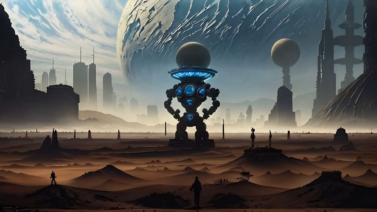 Free Stock Videos - a huge robot,cyborg, standing on an arid alien planet, with earth like planet