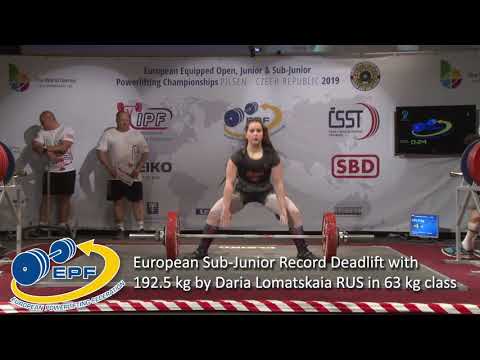 European Sub-Junior Record Deadlift with 192.5 kg by Daria Lomatskaia RUS in 63 kg class