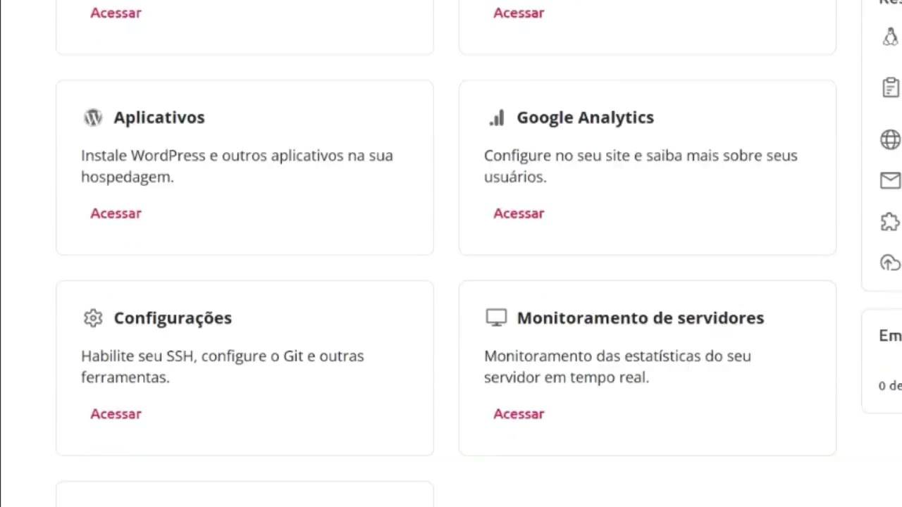 Painel de administração da hospedagem dedicada