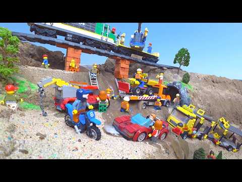 LEGO Train Crashes From Collapsing Bridge - LEGO Dam Breach - LEGO City Sets Flood Disaster