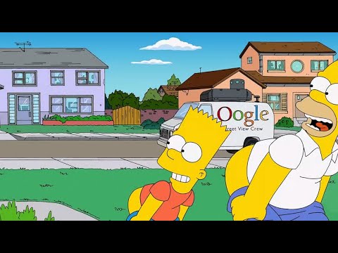 The simpsons Homer and Bart taking off their pants and filming Street View.