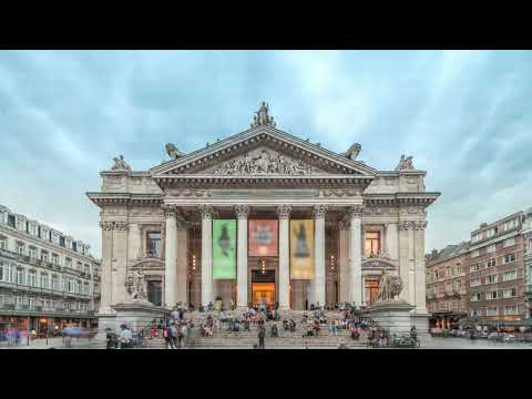 Hyperlapse of the Brussels Stock Exchange facade near Grand Place. Belgium