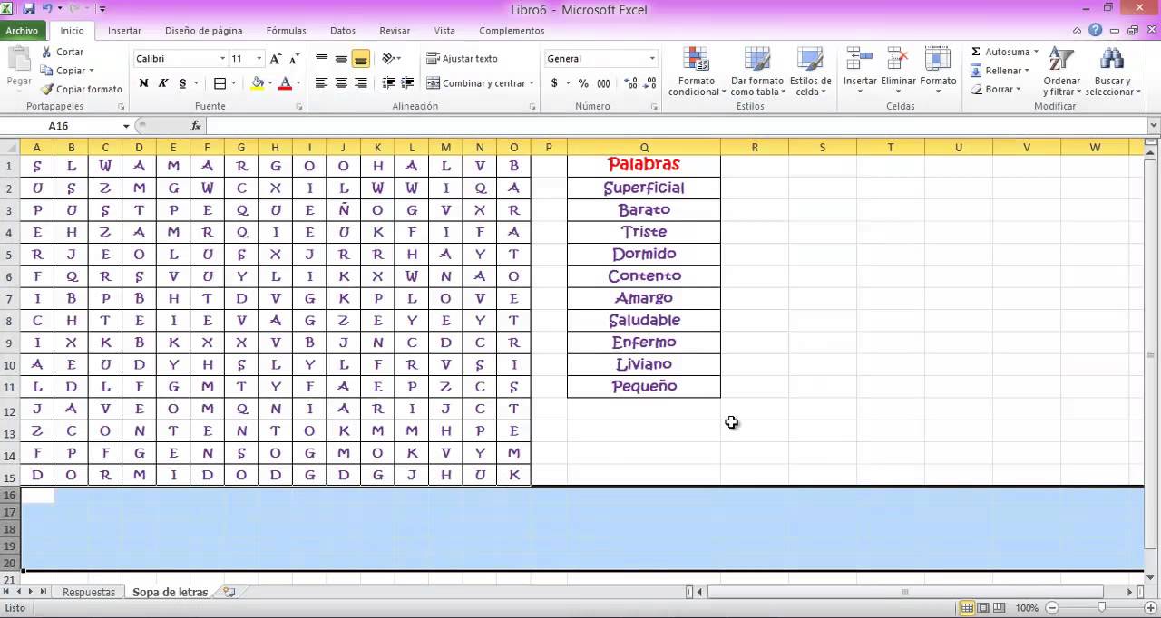 Sopa de letras en Excel