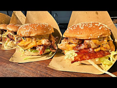 Hähnchen Burger mit Pollo Fino, Bacon und herzhaften Sauce