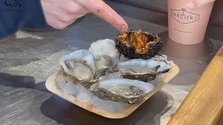 Street food in London-Fresh oysters and sea urchins at Borough Market