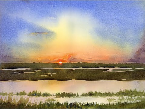 Sunset over Marshland in Watercolor