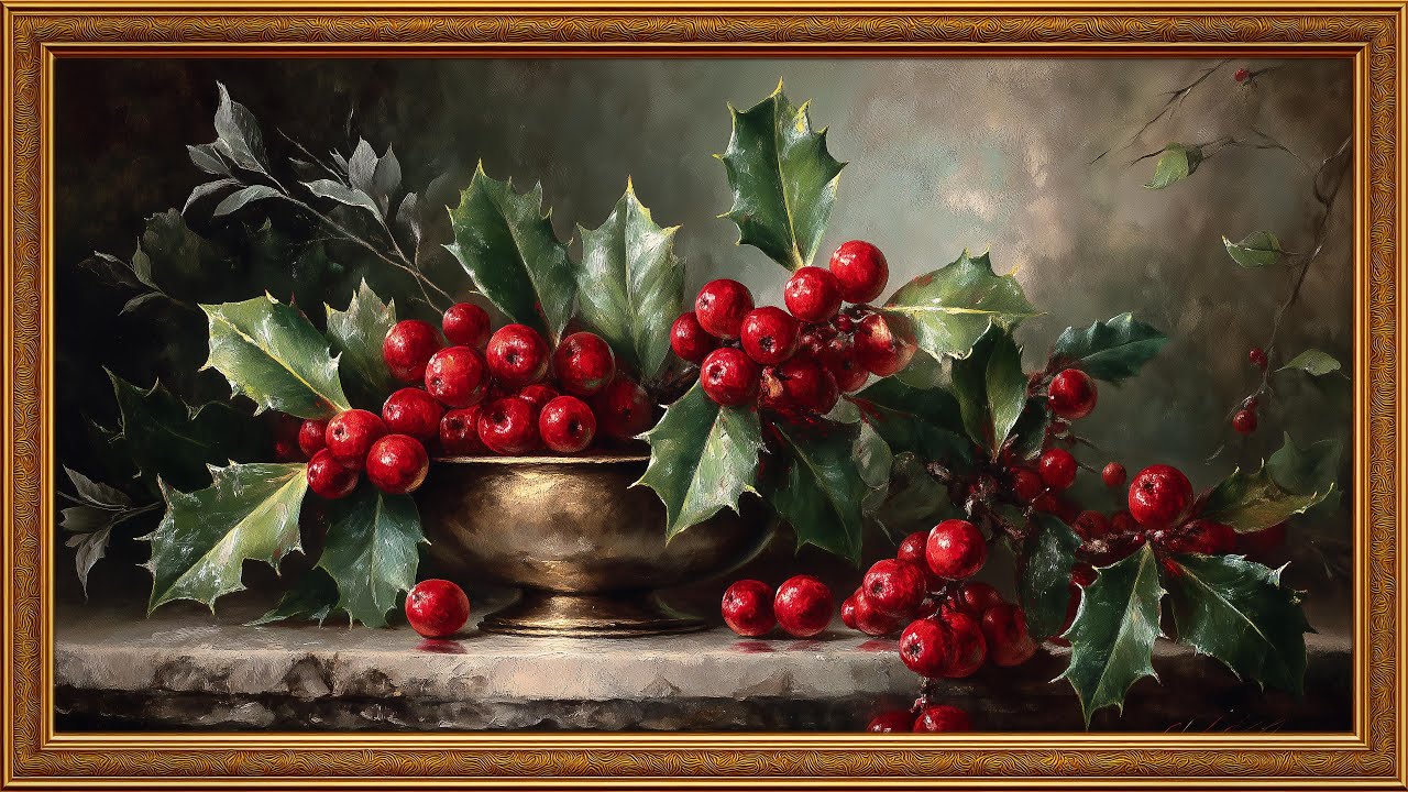 Christmas Holly Elegance | 4K Winter Frame TV Art | Cozy Holiday Painting Screensaver