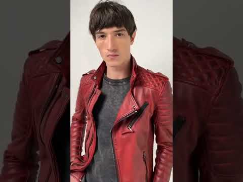 Red leather biker jacket motorcycle jacket genuine leather j...