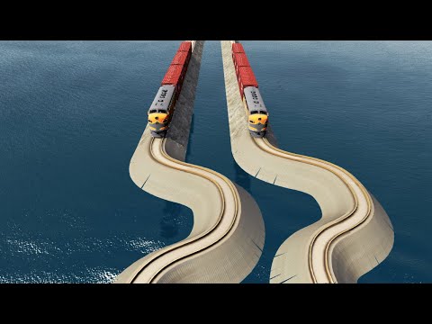 Trains Vs Impossible double C shape track crossing vs deep water - BeamNG.drive