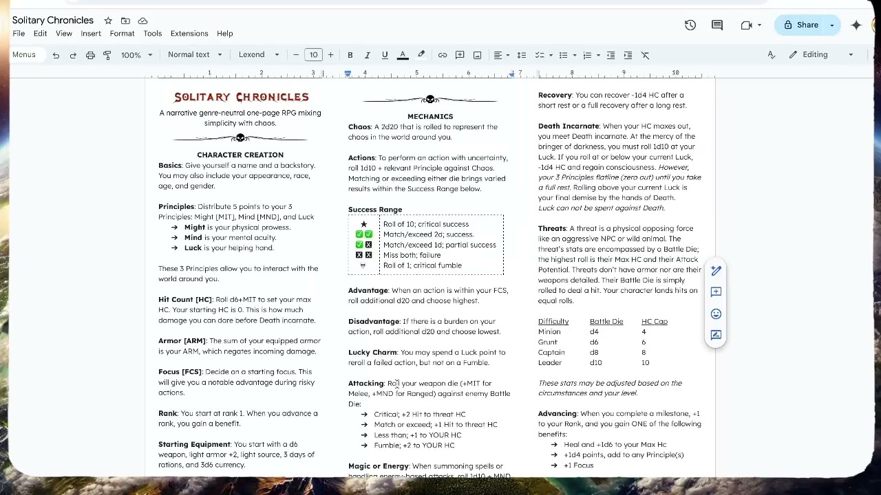 My Latest One-Page RPG 'Solitary Chronicles'