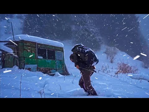 Iron shelter high in the mountains from an abandoned van, modern winter solo bushcraft
