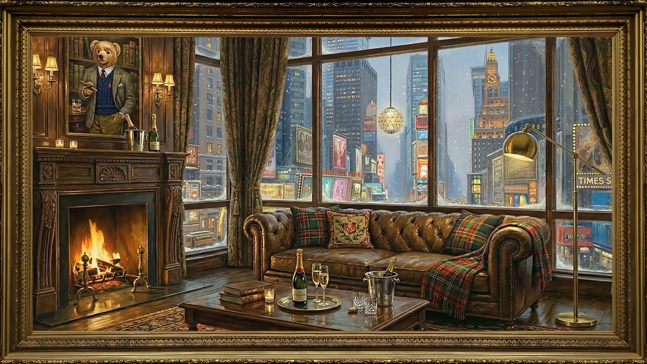 Old Money Teddy Bear NYE Fireplace Gold Frame TV | 2 Hours 4K — 4K ambient art screensaver in baroque gold frame