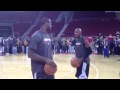 Ray Allen giving some tips to Lebron James on how to shoot pre game Beijing