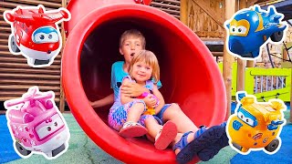 Kids go on a playground & pretend to play with toys. Family fun stories for kids. Toddlers videos.