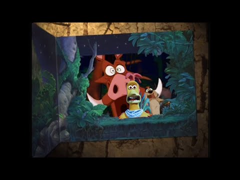 Rocky the rooster rides on Timon and pumbaa virtual Safari jungle cruise boat tour