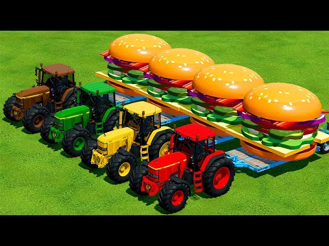 TRANSPORT GIANT BURGERS WITH JOHN DEERE TRACTORS - Farming Simulator 22
