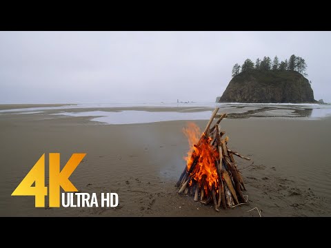 3 HOURS of Relaxing Campfire with Waves Sounds - 4K 10-bit color Video - Second Beach