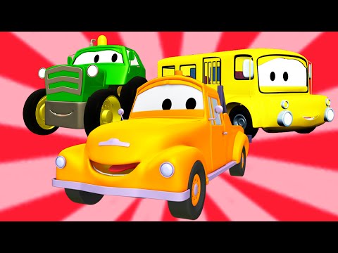 Odtahový vůz Tom a Školní autobus, Jeřáb, Traktor | Animák z prostředí staveniště s auty