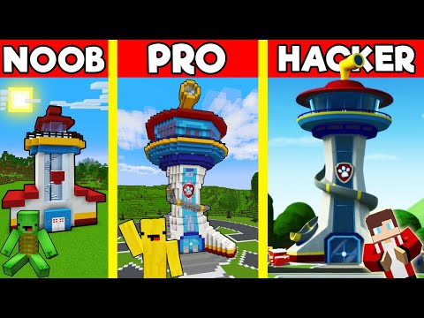 PAW PATROL TOWER Build Battle In Minecraft - NOOB VS PRO CHALLENGE - Maizen Mizen Mazien Parody