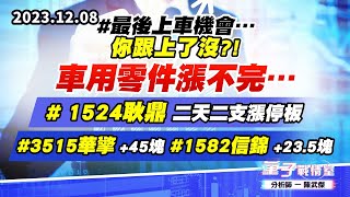 【量子戰情室】#陳武傑1208 #最後上車機會…你跟上了沒?! 車用零件漲不完…# 1524耿鼎 二天二支漲停板#3515華擎 +45塊 #1582信錦 +23.5塊 (圖)