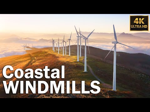 Coastal Windmills by Drone [4K Ultra HD] - Scenic Relaxation Film With Calming Music