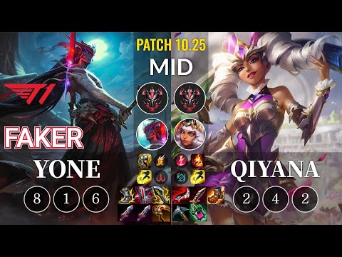 T1 Faker Yone vs Qiyana Mid - KR Patch 10.25