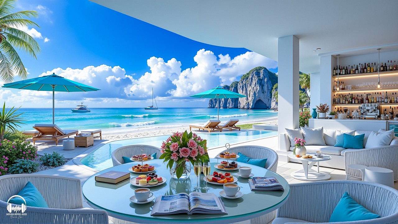 Happy Morning Jazz at Seaside Villa Ambience 🌊 Summer Bossa Nova Music & Ocean Waves for Relaxation