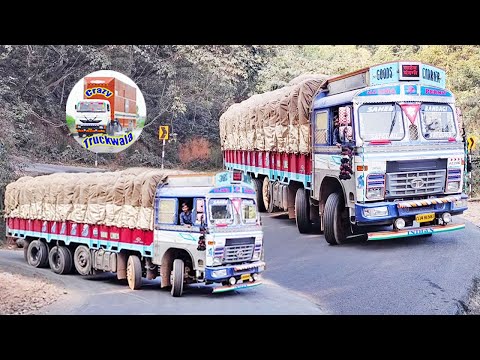 Ghat Road : Cars Crossing Heavy Loaded Truck 14 Tyres Lorry Driving Stopped on Ghat Roads Turning