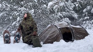 Camping in Snow Storm Overnight, hot tent, jerven fjelduken, bushcraft