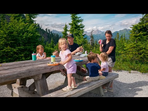 A summer picnic in the mountains with five toddlers