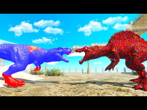 SUPERMAN T-REX DEATH FALL LAVA SPINOSAURUS - Animal Revolt Battle Simulator