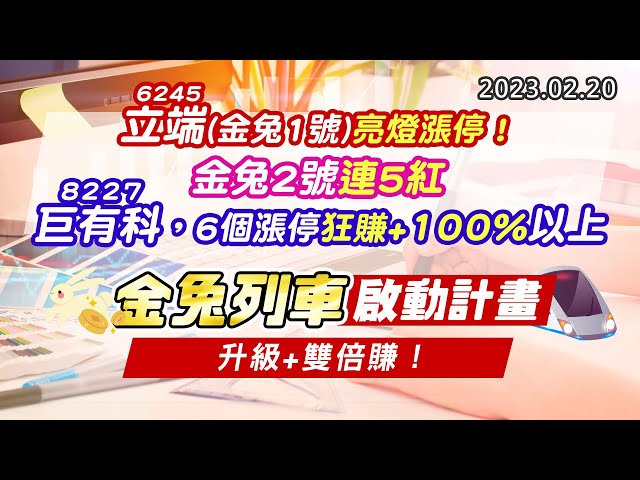 20230220《股市最錢線》#高閔漳 6245立端(金兔1號)亮燈漲停！；金兔2號連5紅；8227巨有科，6個漲停狂賺+100%以上”“金兔列車啟動計畫，升級+雙倍賺！