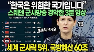 [풀버전] "한국은 위험한 국가입니다" 스웨덴 군사방송 경악한 3분 영상 // 세계 군사력 5위, 국방예산 60조