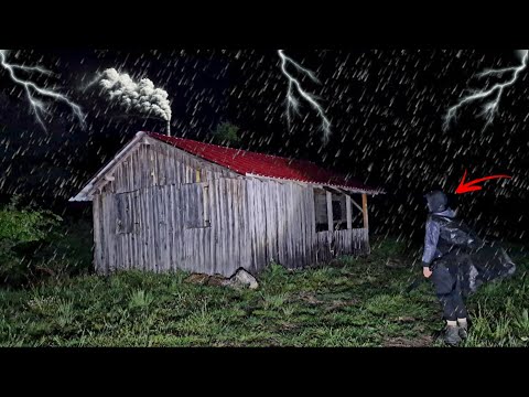 Caught in a Heavy Rain and Thunder at Night and Hiding in an Abandoned Log Cabin