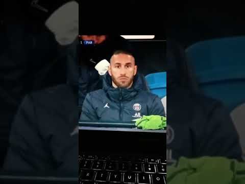 Sergio Ramos sits on the bench during the PSG vs Mancity match