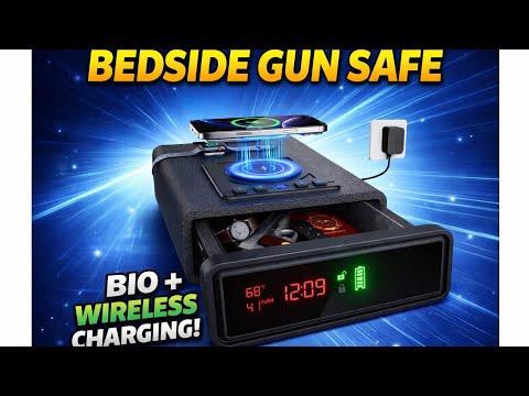 Biometric Safe with Wireless Charging, 6 Methods Quick Access Bedside Safe, LCD Display, Alarm Clock | Temp | Humidity video review thumbnail