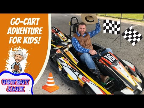 Thumbnail with orange panel reading 'GO-CART ADVENTURE FOR KIDS!', cartoon cowboy, and a man in a go-kart waving a hat beside checkered flags on a road.